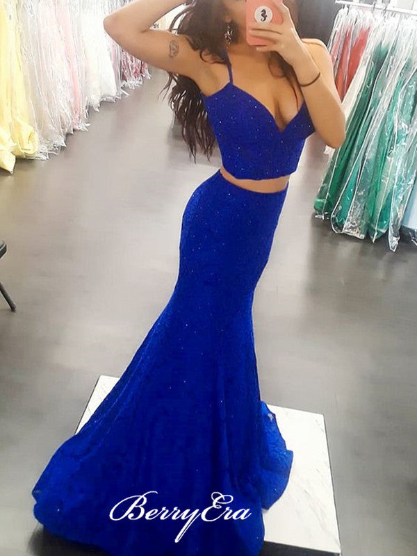 Beaded Two Pieces Lace Prom Dresses, Mermaid Royal Blue Prom Dresses