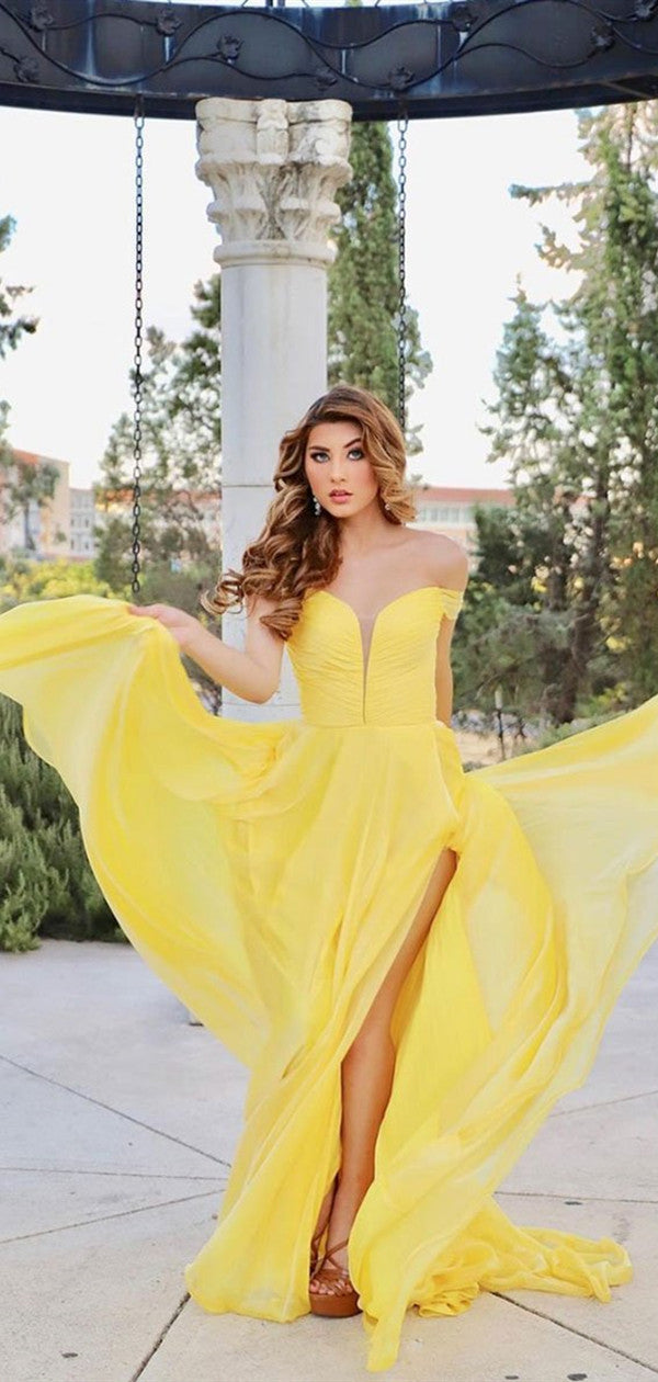 Yellow Color Newest Long Prom Dresses, 2021 Prom Dresses, Simple Evening Party Dresses