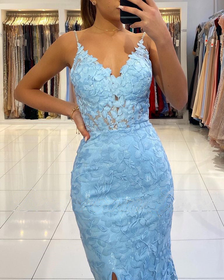 Beaded Straps Lace Mermaid Long Prom Dresses, Popular Elegant Lace 2021 Prom Dresses