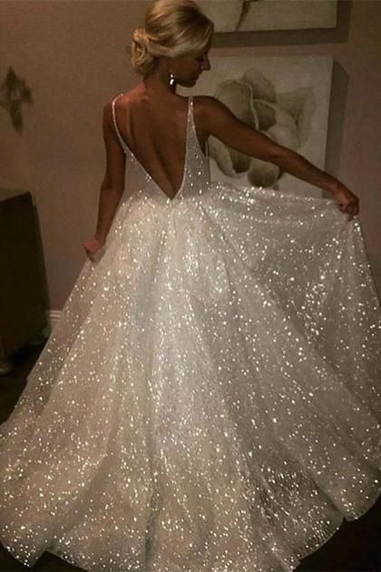 V-neck Long A-line Sparkle Wedding Dresses