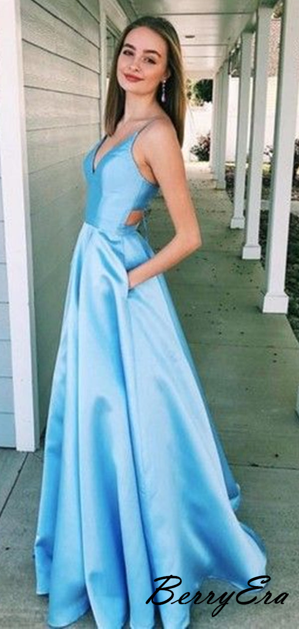Sky Blue Satin A-line Prom Dresses For Evening Party, Beauty Prom Dresses
