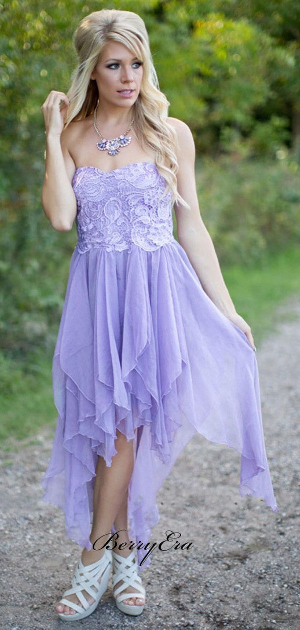 Strapless Lace Bridesmaid Dresses, Unique Purple Wedding Guest Dresses