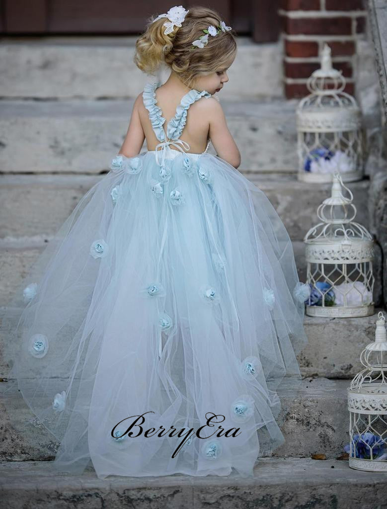 Blue Tulle A-line Little Girl Dresses, Appliques Flower Girl Dresses