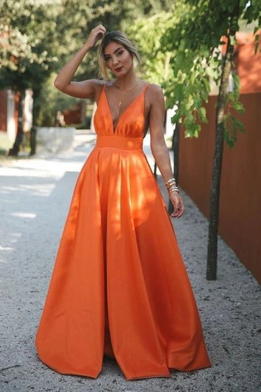 Deep V Neck Orange Color Prom Dresses, A-line Simple Prom Dresses, Satin Evening Party Dresses