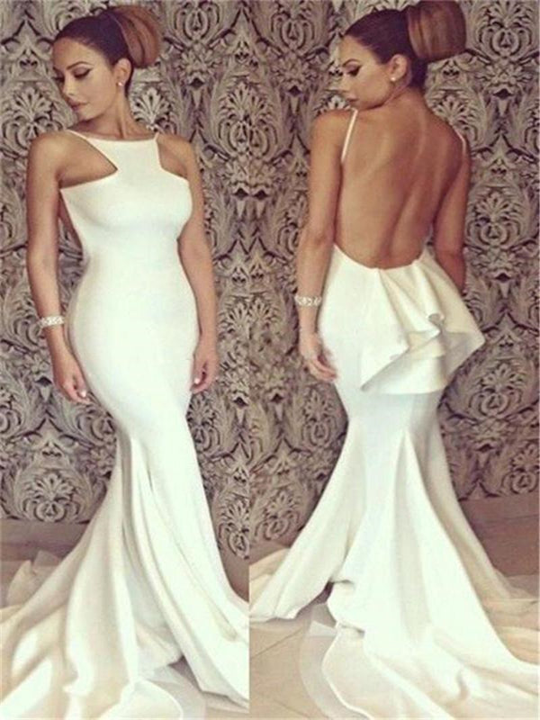 Long White Elegant Halter Backless Mermaid Prom Dresses, Sexy Prom Dresses