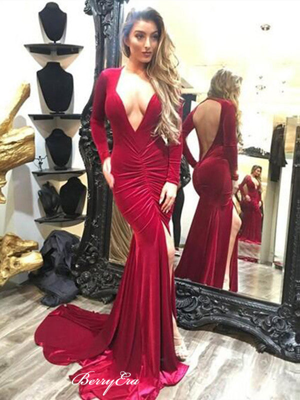 Deep V-neck Sexy Prom Dresses, Long Sleeves Mermaid Prom Dresses