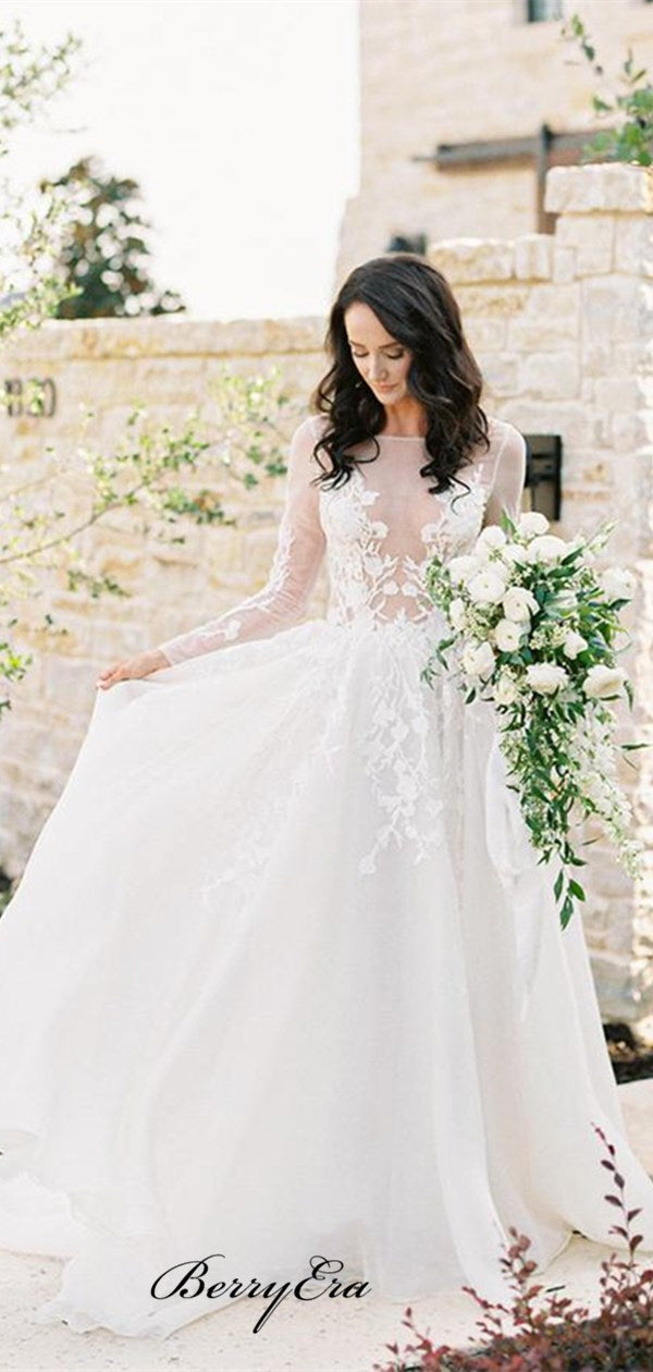 Long Sleeves Lace Elegant Wedding Dresses, A-line Bridal Gowns, Wedding Dresses