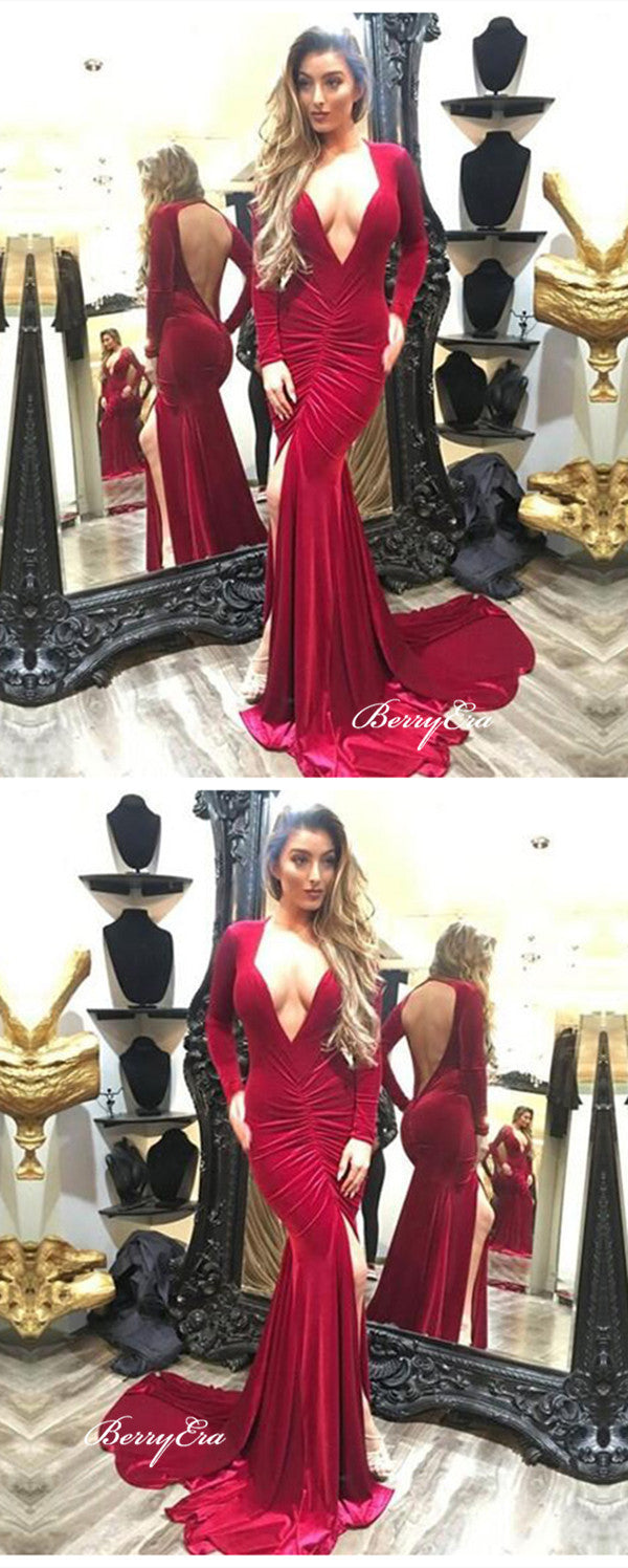 Deep V-neck Sexy Prom Dresses, Long Sleeves Mermaid Prom Dresses