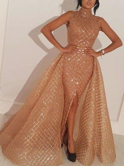High Neck Champagne Gold Sequin Prom Dresses, Popular Prom Dresses, 2021 Prom Dresses