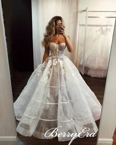 Sweetheart Long A-line Sequin Tulle Appliques Wedding Dresses