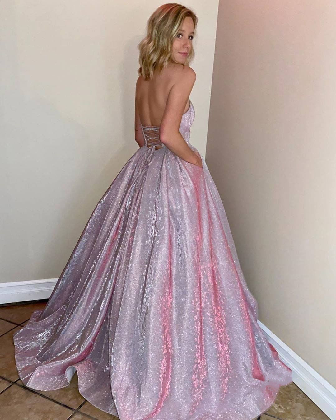 Sweetheart Long A-line Pink Shemmering Prom Dresses, Lovely Prom Dresses, 2020 Prom Dresses