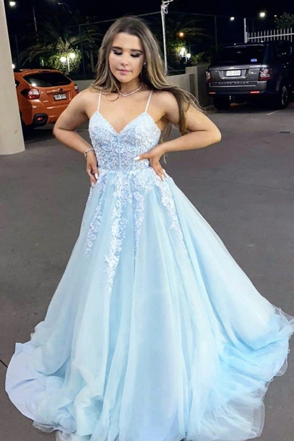 Spaghetti Straps Sky Blue Long Prom Dresses, Lace 2021 Prom Dresses, Evening Dresses