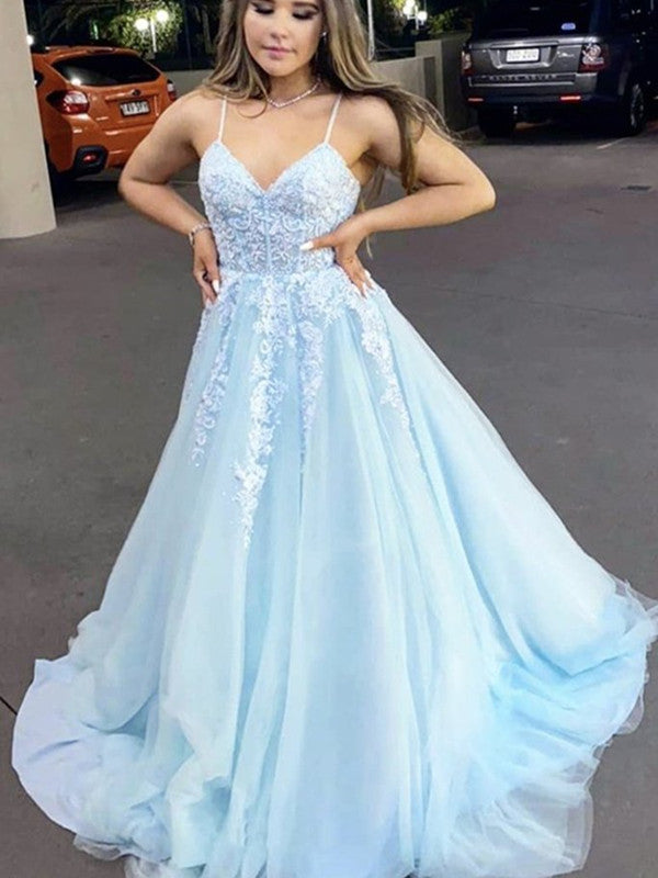 Spaghetti Straps Sky Blue Long Prom Dresses, Lace 2021 Prom Dresses, Evening Dresses