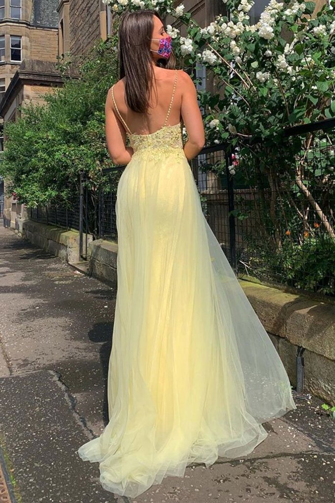 Yellow Color Lace Popular Prom Dresses Long, 2021 Evening Party Dresses, Girl Dresses