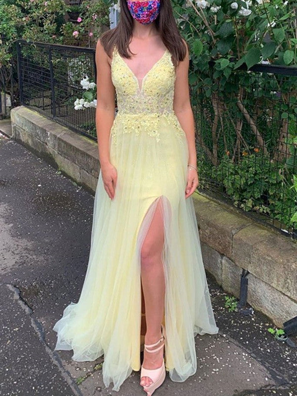 Yellow Color Lace Popular Prom Dresses Long, 2021 Evening Party Dresses, Girl Dresses