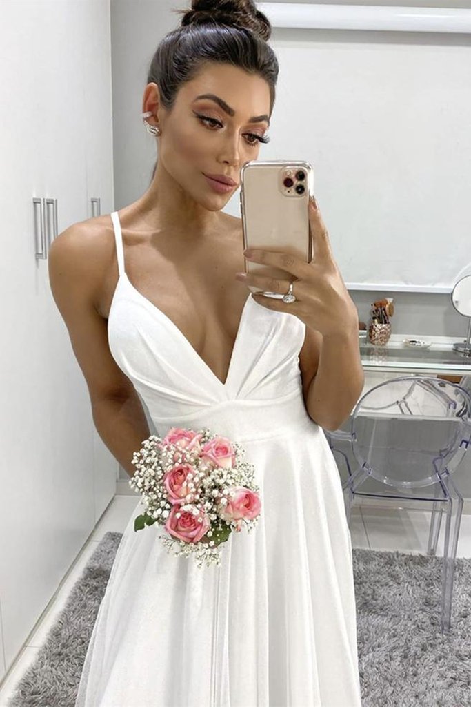 A Line V Neck Thin Straps White Chiffon Long Prom Dress 2021, Simple Cheap Wedding Dresses