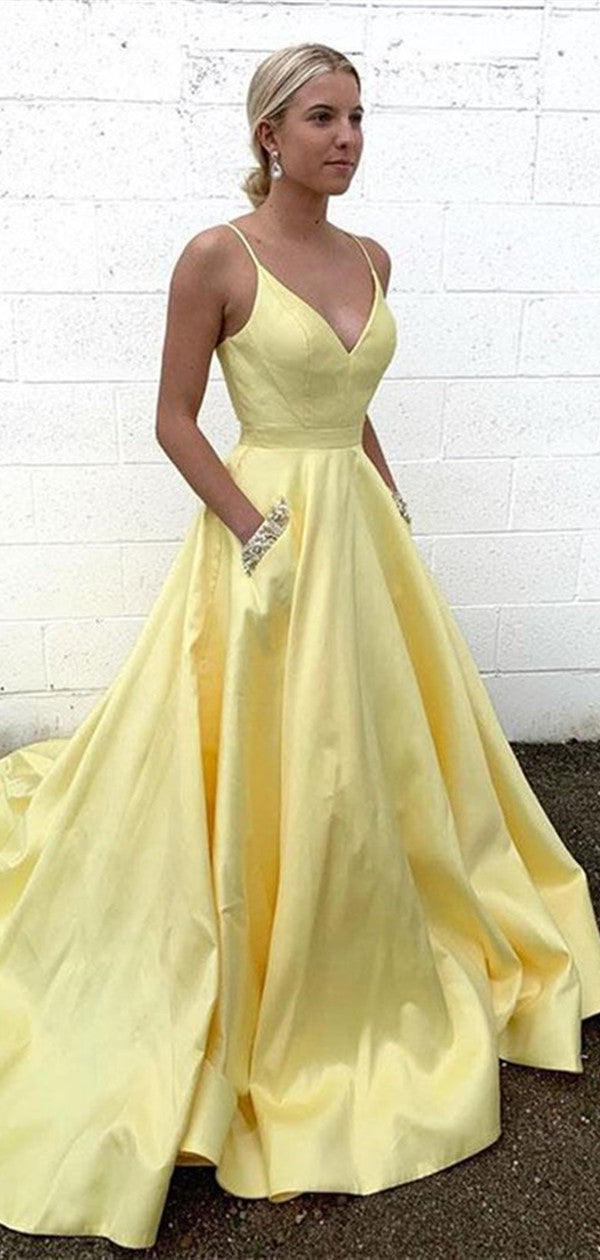 V Neck Yellow Formal Graduation Evening Dress, Satin A Line 2021 Long Prom Dresses With Pocket