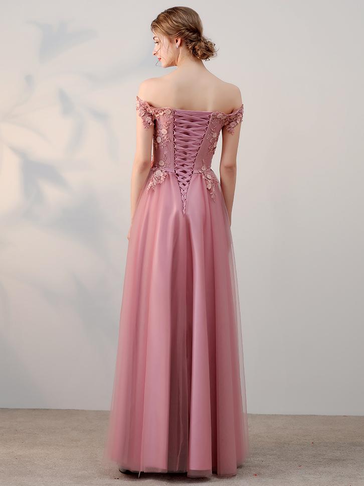 Off Shoulder Long A-line Pink Lace Tulle Prom Dresses