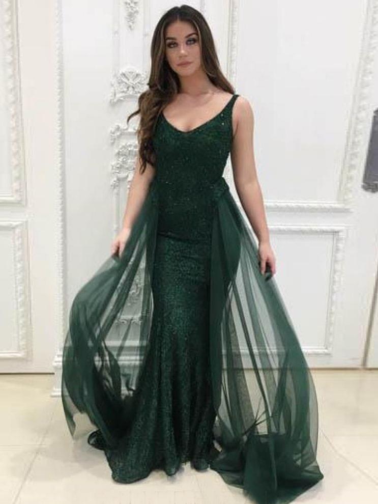 V-neck Emerald Green Lace Tulle Prom Dresses