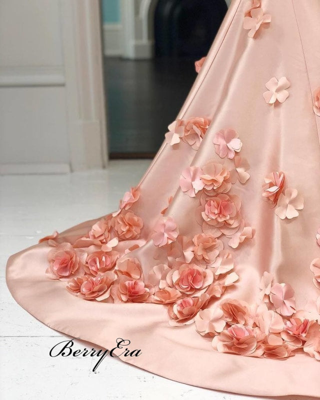 Gorgeous Baby Pink Handmade Flowers Prom Dresses Cheap Prom Dresses