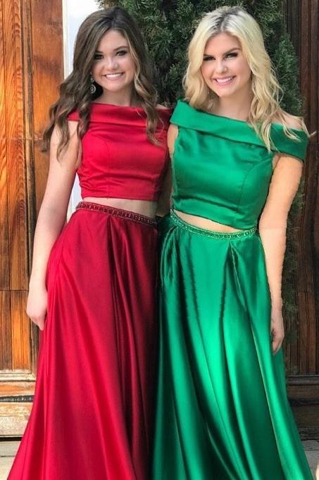 2 Pieces Long A-line Off Shoulder Satin Beaded Prom Dresses