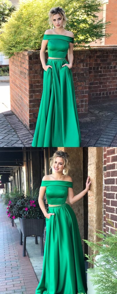 2 Pieces Long A-line Off Shoulder Satin Beaded Prom Dresses