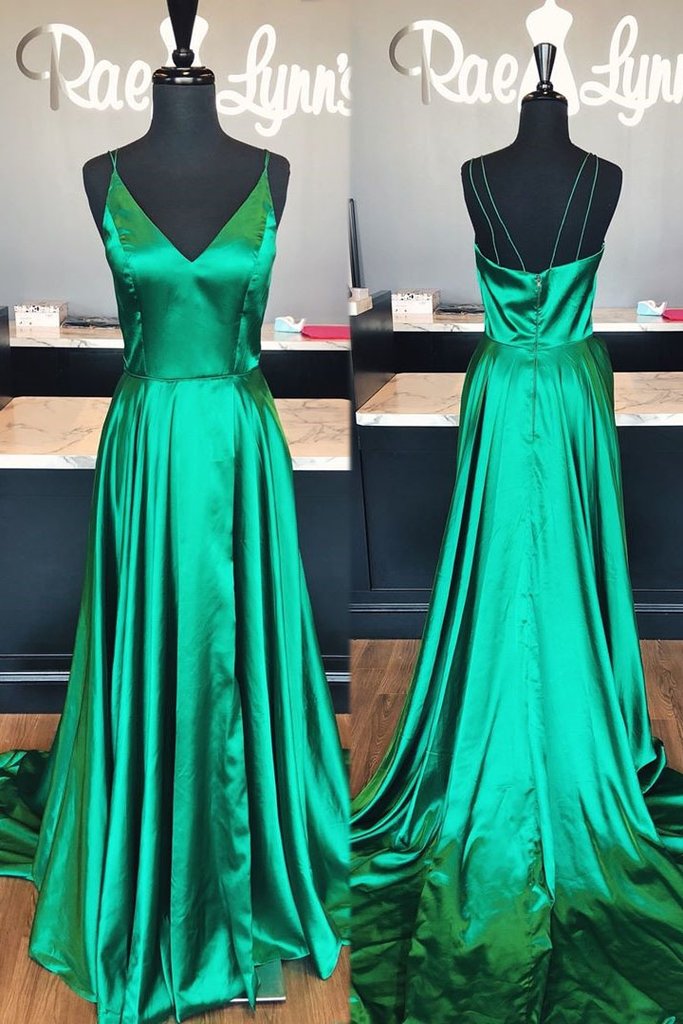 Long A-line Side Slit Soft Satin V-neck Simple Prom Dresses