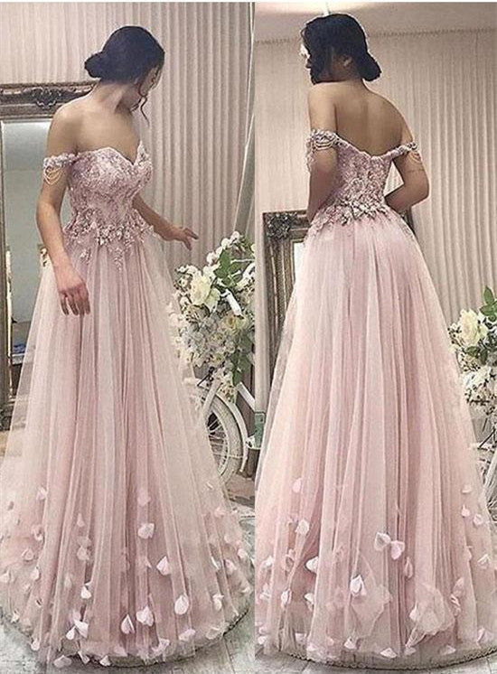 Off Shoulder Long A-line Lace Tulle Prom Dresses