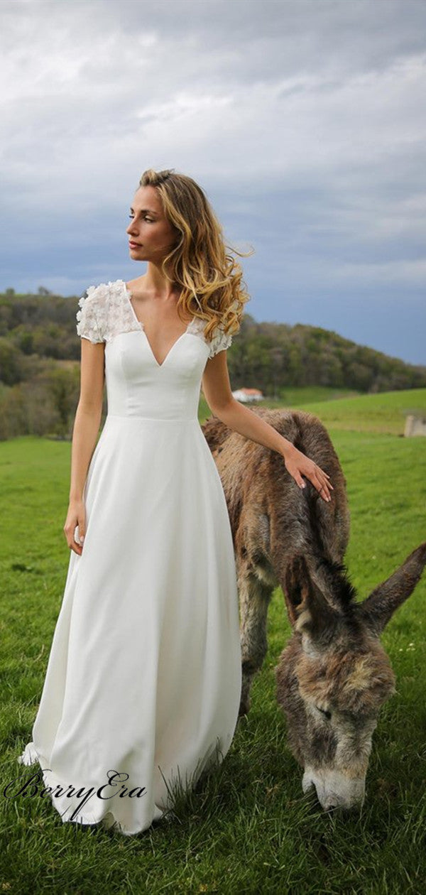 Cap Sleeves Appliques Elegant Wedding Dresses, V-neck Fancy Country Wedding Dresses