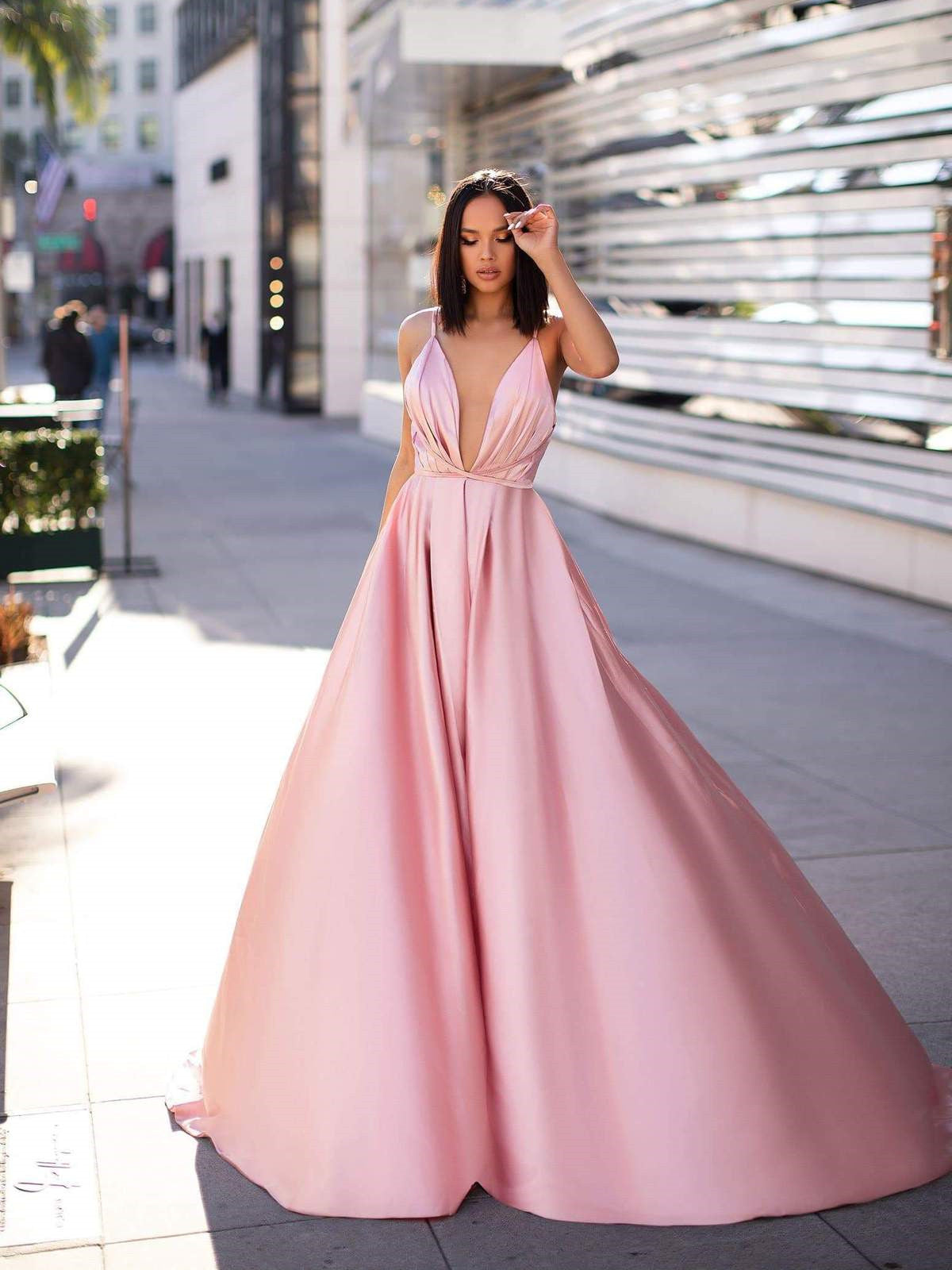 Deep V-neck Baby Pink Satin Prom Dresses, A-line Prom Dresses, 2021 Prom Dresses, Cheap Prom Dresses