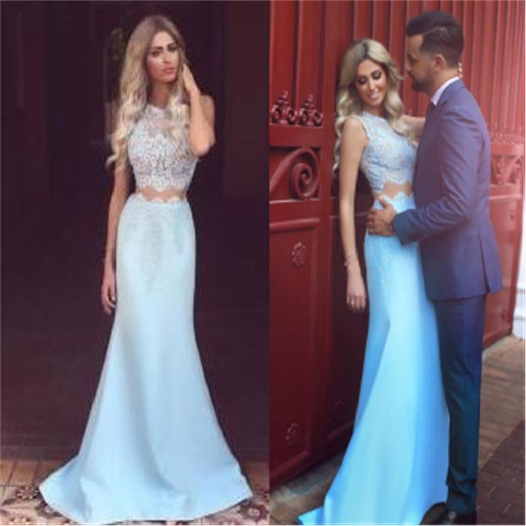 Elegant Charming Light Blue Lace Two Pieces Mermaid Long Prom Dresses