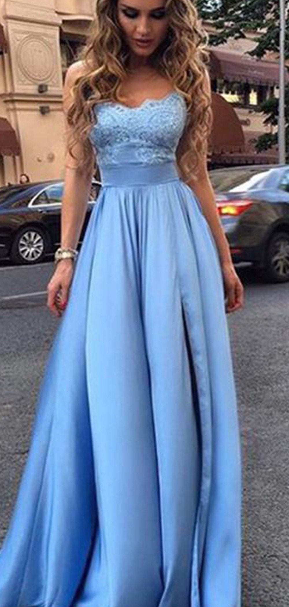 Elegant A-line Sleeveless Prom Dresses, Blue Lace Evening Dresses