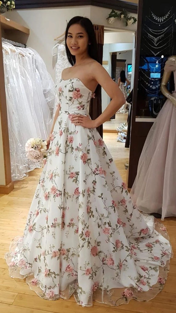 Strapless Floral Long Prom Dresses, A-line Long Prom Dresses, Popular Long Prom Dresses