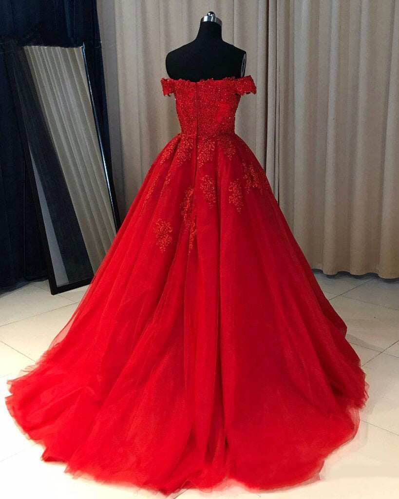 Off Shoulder Red Lace Tulle Prom Dresses, A-line Prom Dresses, Lovely Prom Dresses