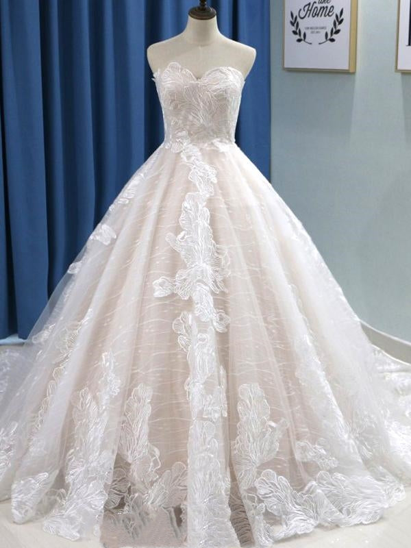Sweetheart Long A-line Lace Tulle Wedding Dresses, Newest Long Wedding Dresses, Affordable  Wedding Dresses