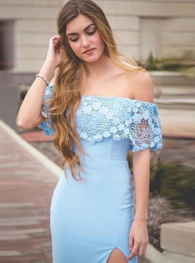Blue Lace Mermaid Split Off Shoulder Long Prom Dresses