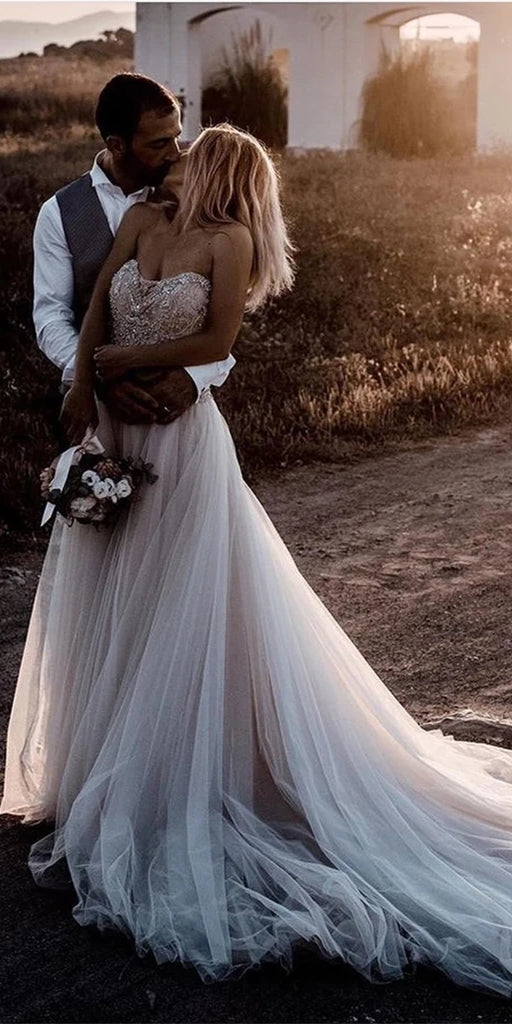 Sweetheart Long A-line Beaded Tulle Wedding Dresses, Country Wedding Gown, Long Bridal Gown