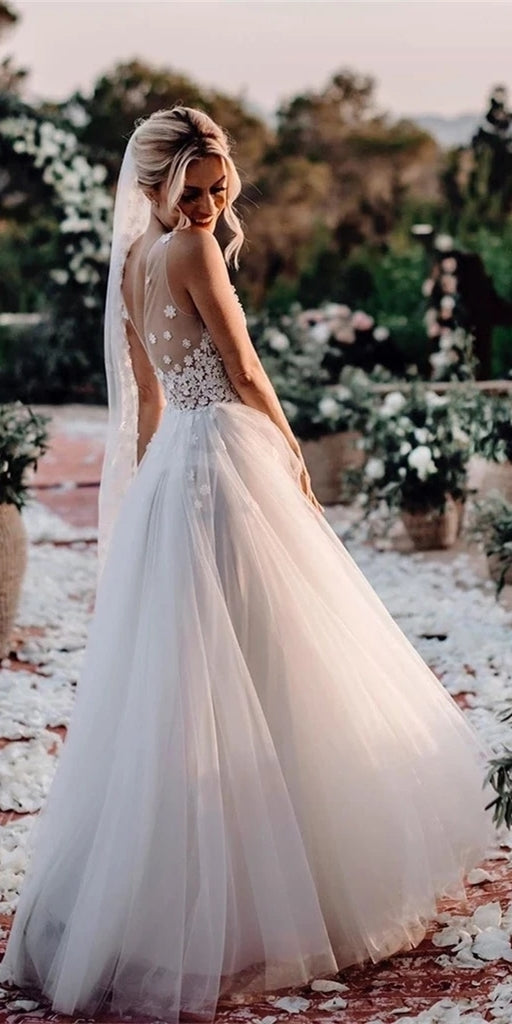 V-neck Lace Top Tulle Wedding Gown, A-line Ivory Wedding Dresses, Bridal Gown, Long Wedding Dresses