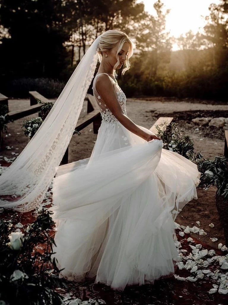 V-neck Lace Top Tulle Wedding Gown, A-line Ivory Wedding Dresses, Bridal Gown, Long Wedding Dresses