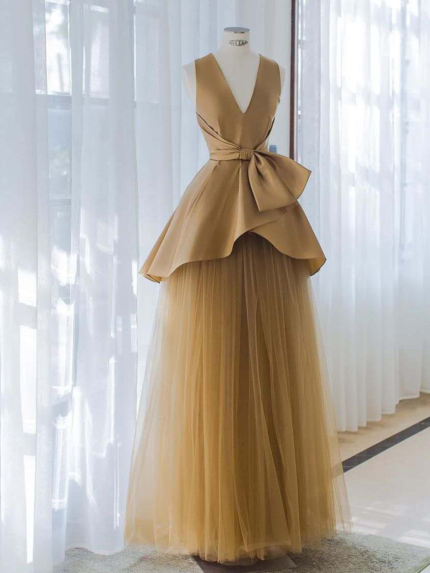 V-neck Long Gold Satin Tulle Prom Dresses, Elegant Prom Dresses, Cheap Prom Dresses