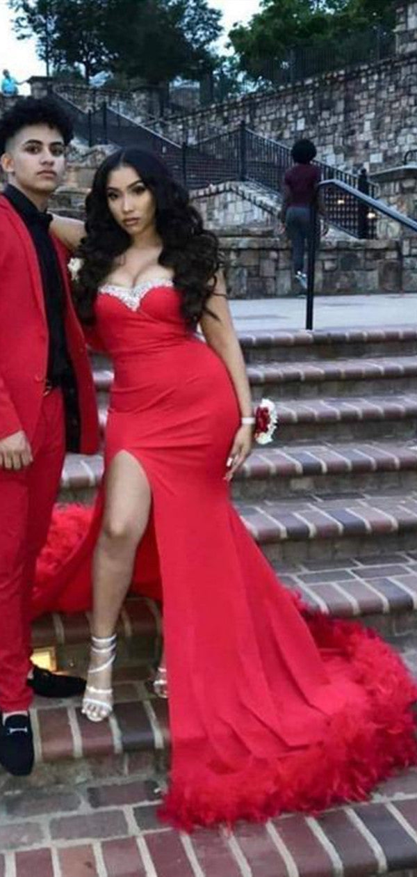 Sweetheart Red Color 2021 Prom Dresses, High Side Slit Sexy Prom Dresses, Mermaid Prom Dresses