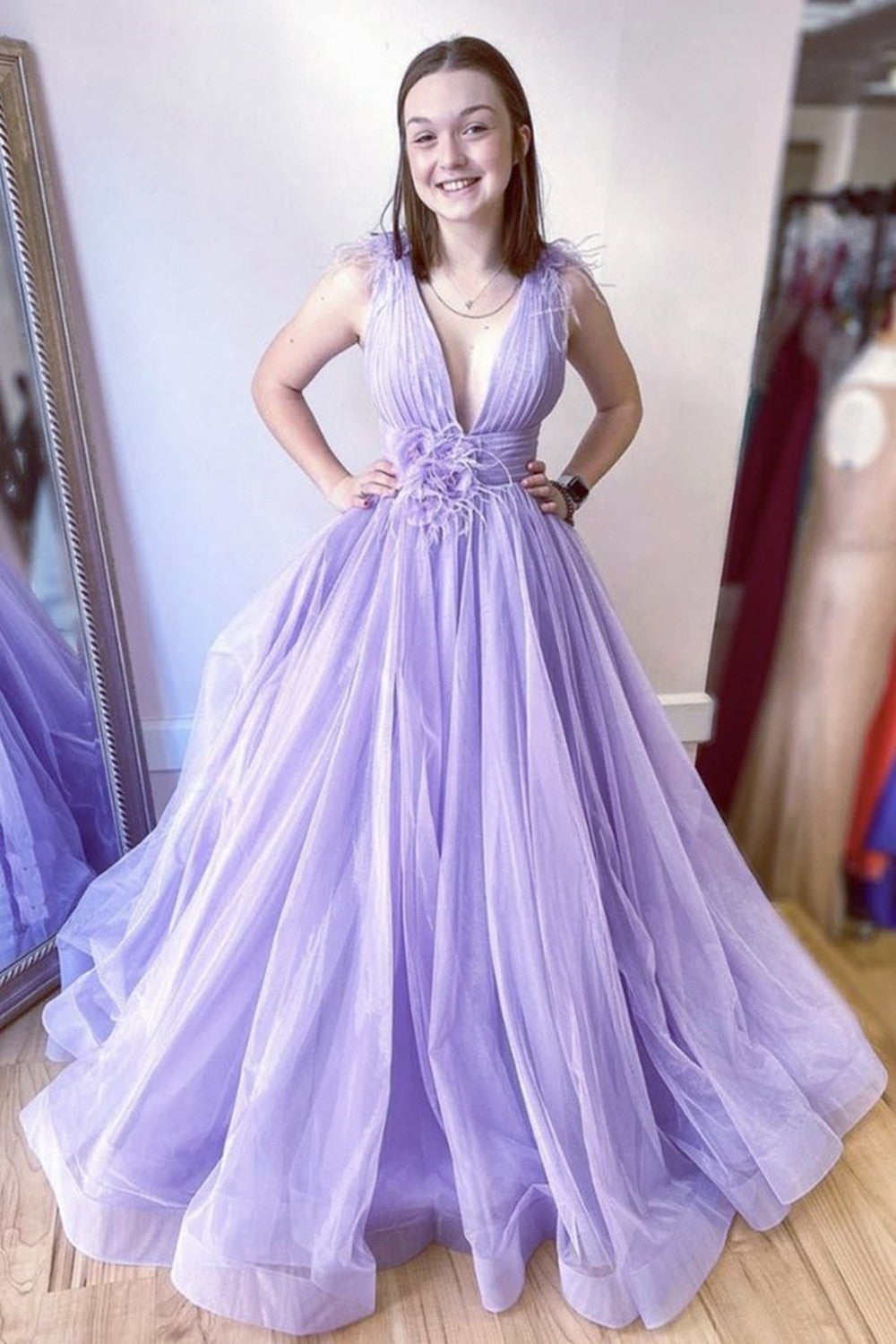 Long Lavender Formal Evening Dress， Deep V Neck Tulle Long Prom Dresses 2021