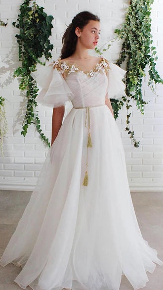 Short Sleeves Long Prom Dresses, Wedding Gown, Popular Prom Dresses
