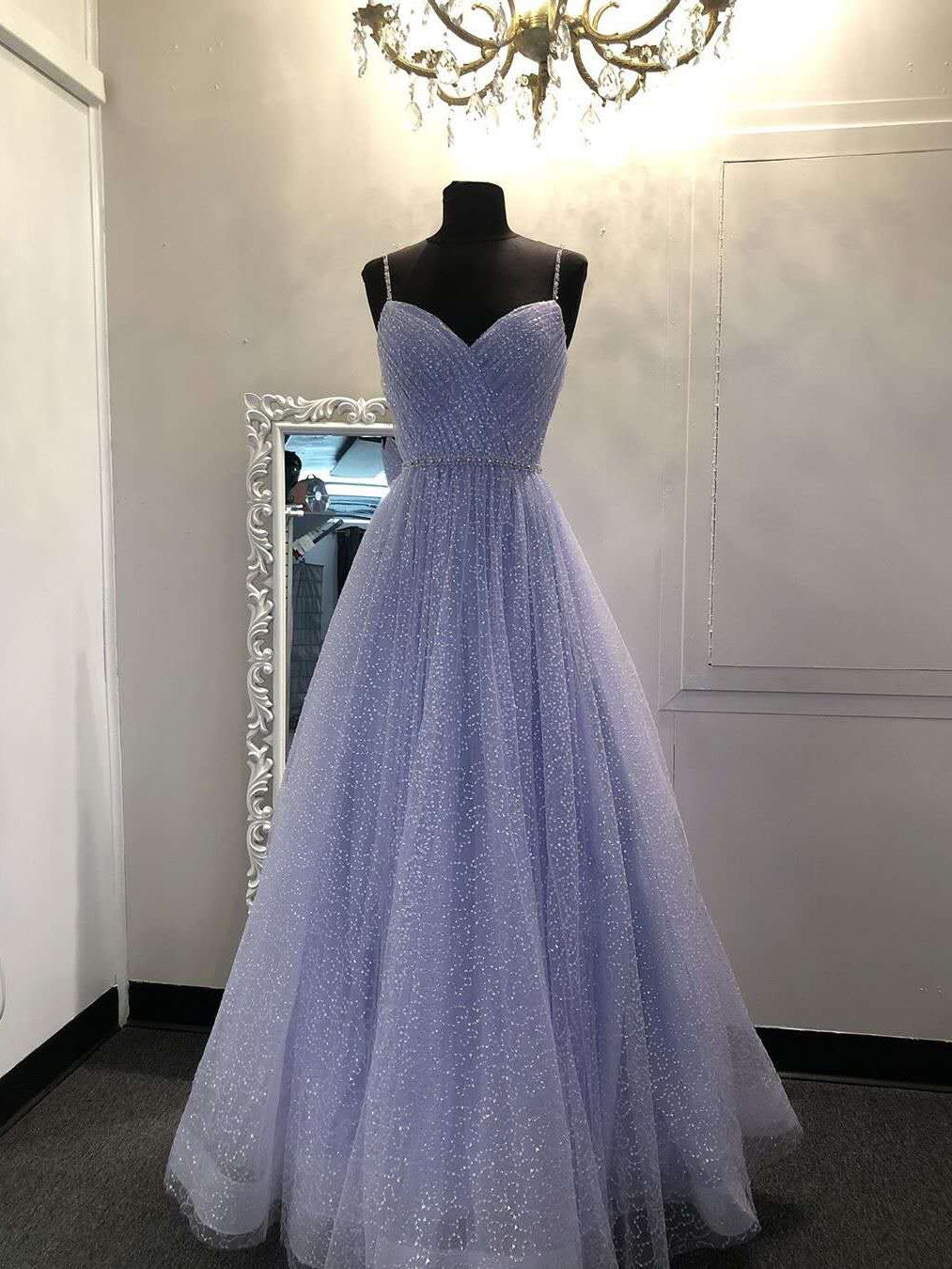 Lilac Sequin Tulle A-line Long Prom Dresses, 2020 Prom Dresses, Shiny Prom Dresses