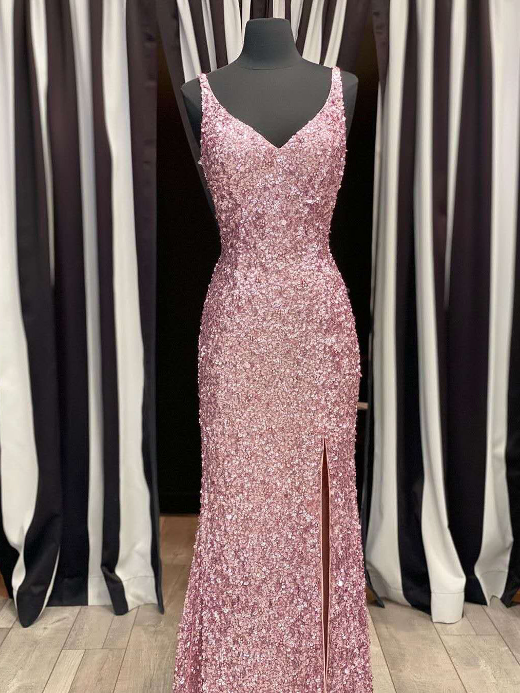 Pink Sequin Sheath Prom Dresses, Side Slit Prom Dresses, Lovely 2020 Prom Dresses