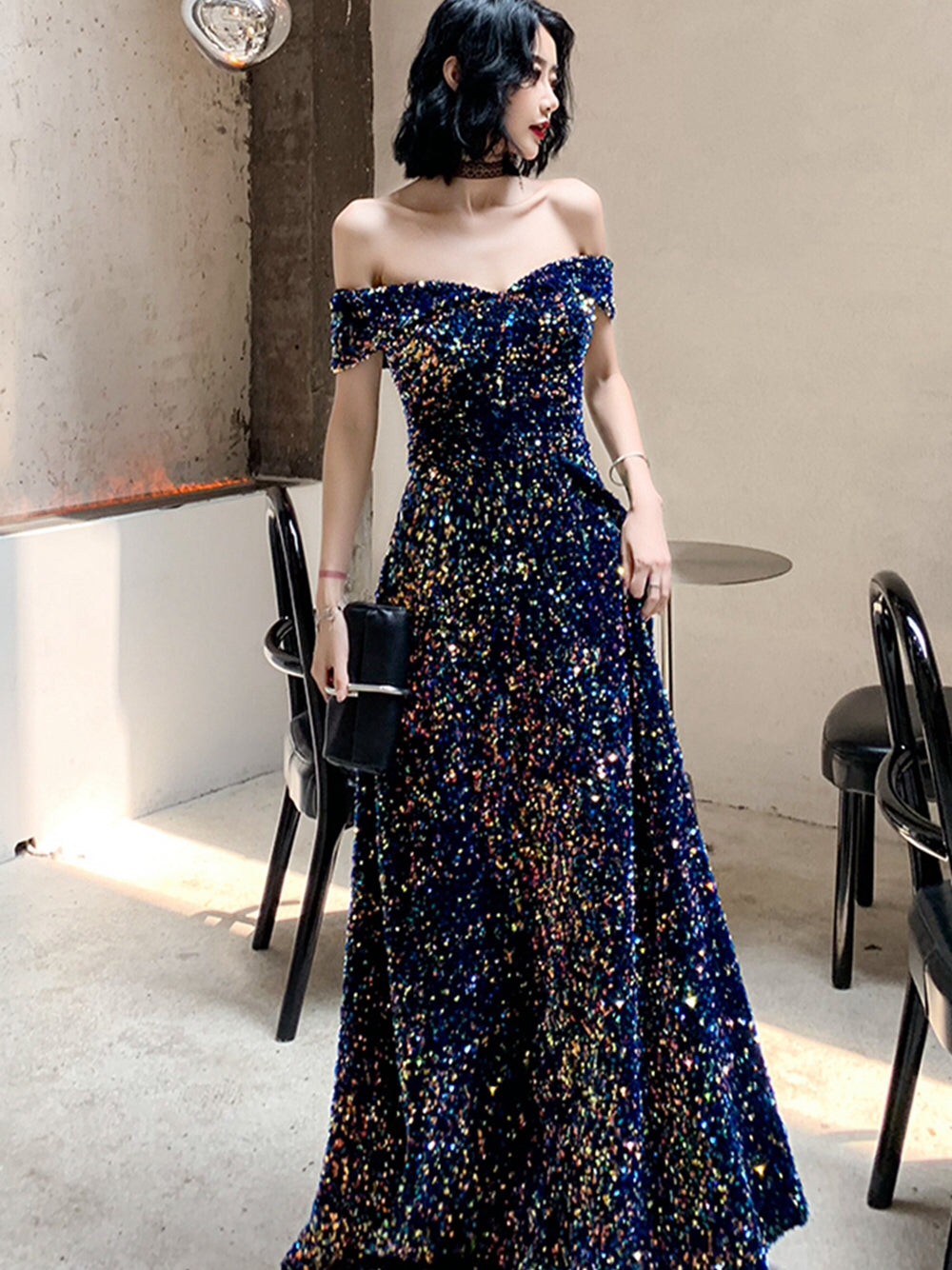A-line Thick Sequin Long Prom Dresses, Off Shoulder Long Prom Dresses, 2020 Prom Dresses