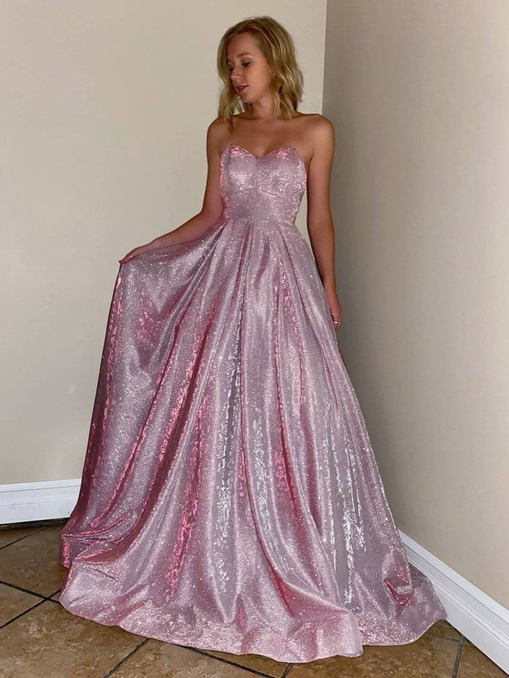 Sweetheart Long A-line Pink Shemmering Prom Dresses, Lovely Prom Dresses, 2020 Prom Dresses