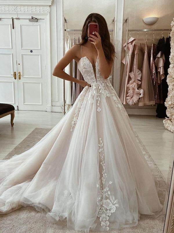 Spaghetti Long A-line Lace Tulle Wedding Gown, Modern Wedding Dresses, A-line Wedding Dresses