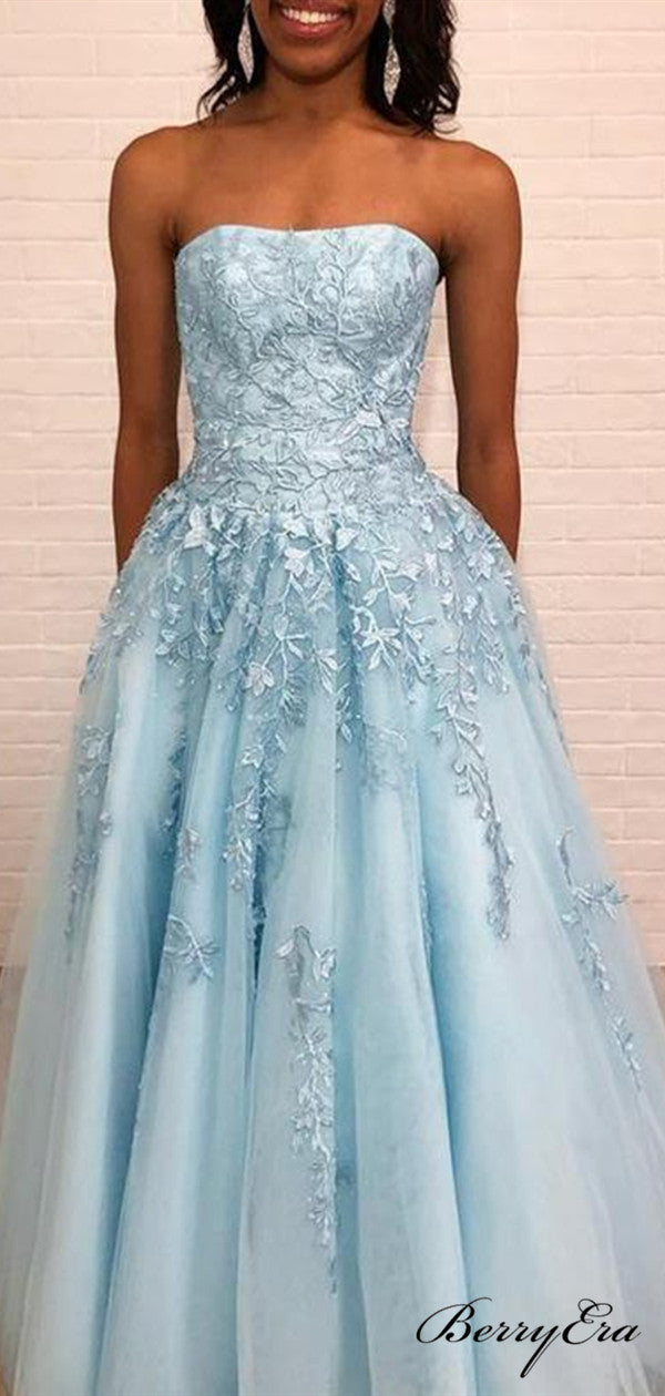 Strapless Lace Prom Dresses, Elegant A-line Long Prom Dresses