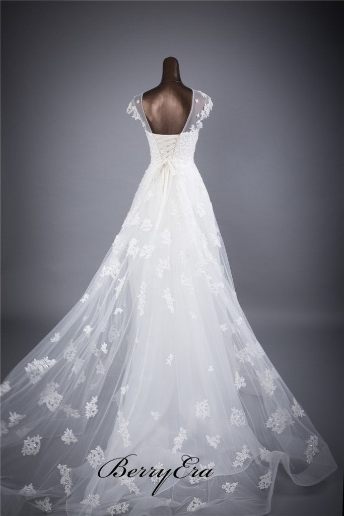 Popular A-line Lace Wedding Dresses, Beaded Luxury Bridal Gowns, New Wedding Dresses